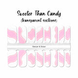 Pink and white curves on clear nail wrap nail design.  