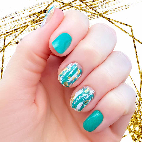 Combination of solid teal nail wraps with gray, teal and gold foil mixed accents nail wrap nail design.  