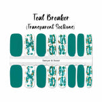 Combination of solid teal nail wraps with gray, teal and gold foil mixed accents nail wrap nail design.  