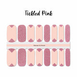 Combination light pink with a darker pink glitter triangle shape on the tip and full solid pink glitter accent nails nail wrap nail design.  