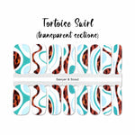 Tortoise shell and blue curves on a translucent background nail wrap nail design.  