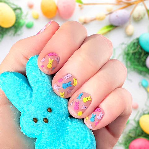 Colorful marshmallow bunnies on a transparent background nail wrap nail design.  