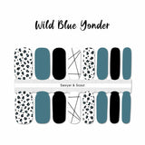 Combination of solid slate blue, solid black, black leopard spots on white and thin crossed black lines on white nail wrap nail design.  