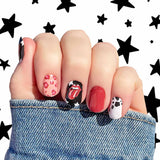 Combination of pink cheetah, black cow print on white, red rock & roll tongue and black with stars and solid red accents nail wrap nail design.  