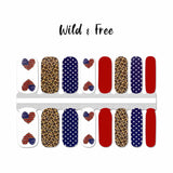 Combination of solid blue with white stars, solid red, light brown leopard print, and american flag hearts on white nail wrap nail design.  