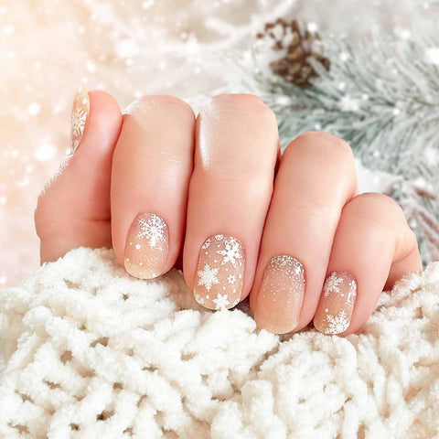 Combination of white snowflakes and silver glitter on clear nail wrap nail design.  
