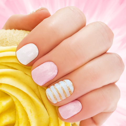 Solid light pink, solid white and gold glitter stripes on white nail wrap nail design.  